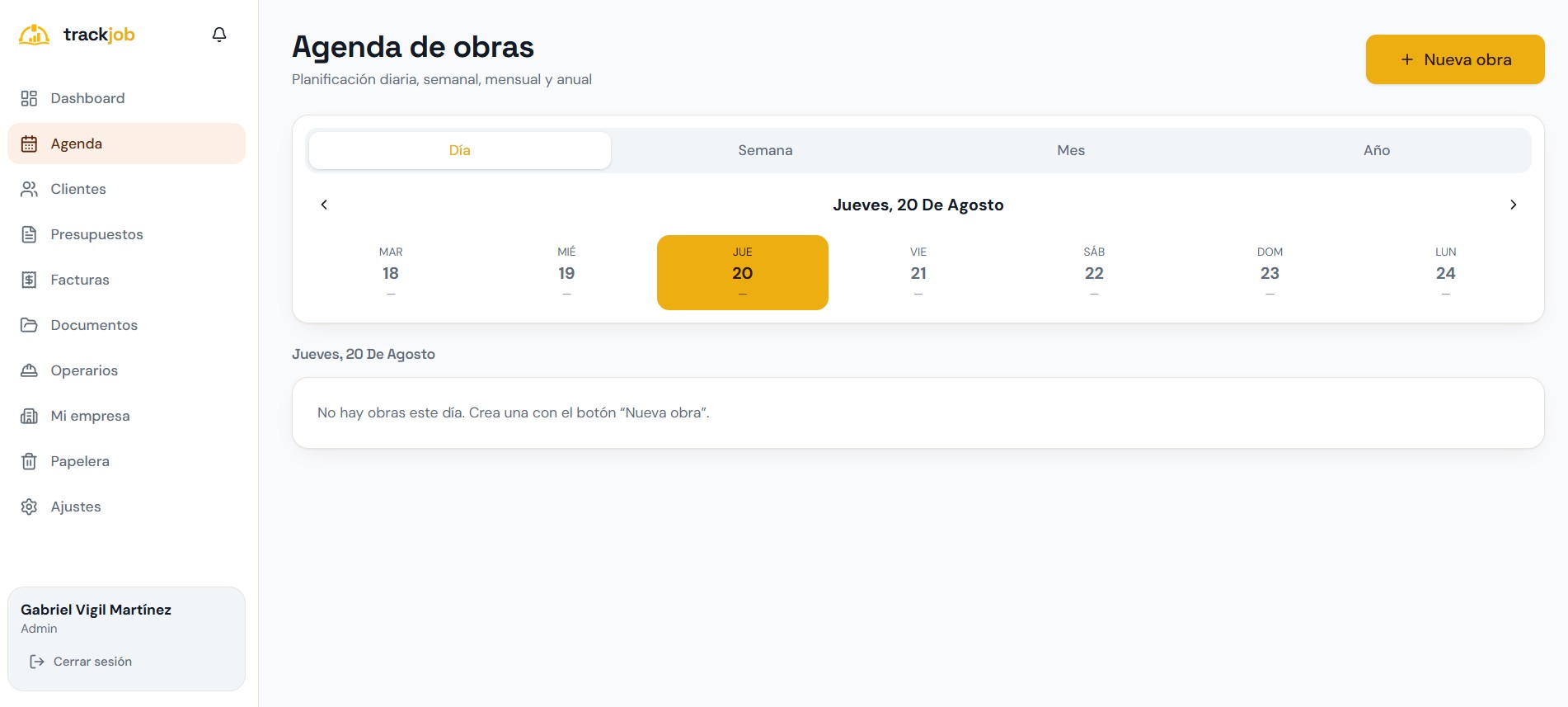 Agenda de obras de TrackJob con vistas de día, semana, mes y año